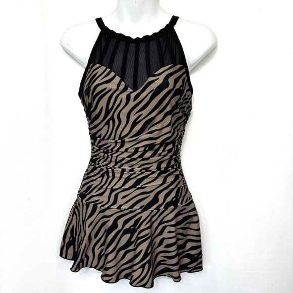 Alisha Levine Swim dress Tan Blk Zebra Stripe A-Line Skirt Size 8 - Picture 2 of 14